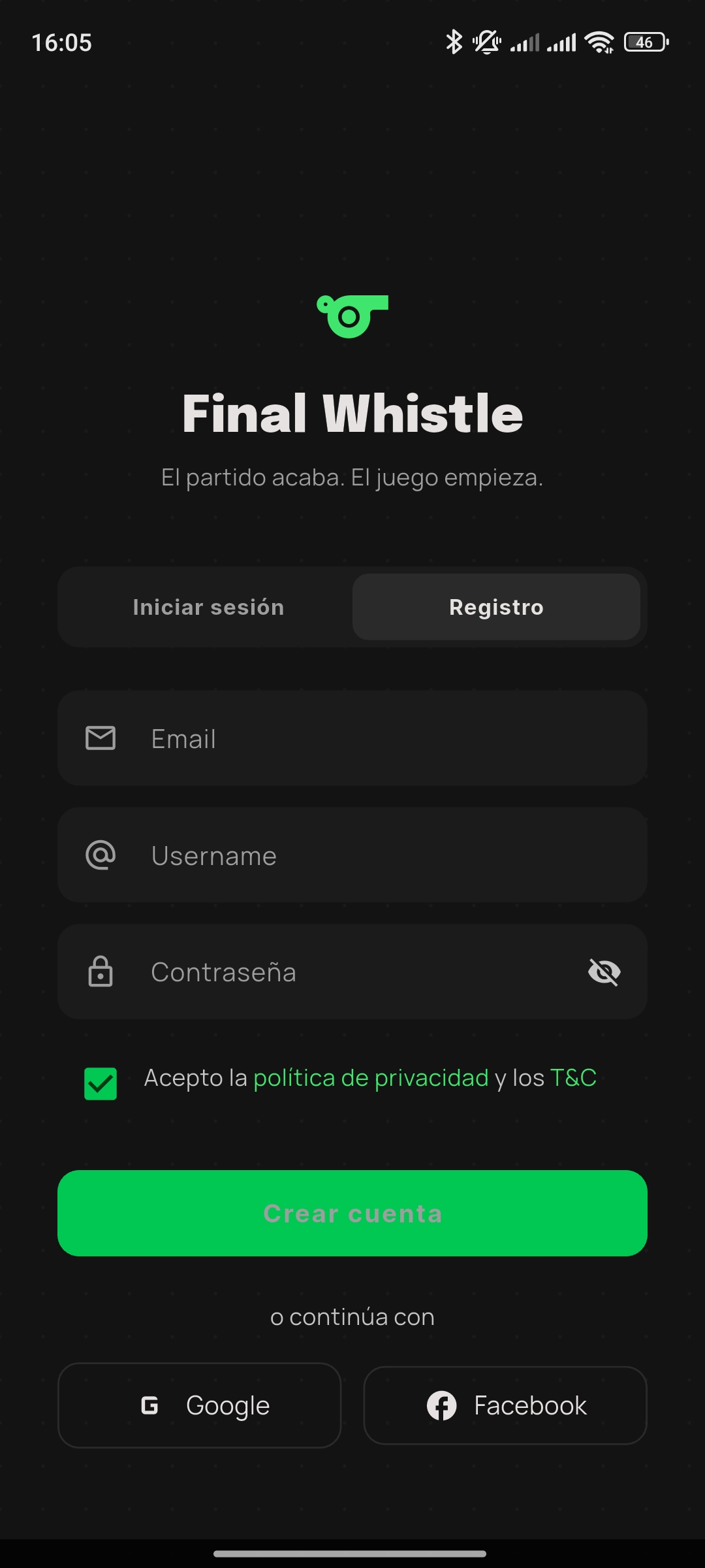 Pantalla de registro de Final Whistle con selección de equipo favorito y posición en el campo